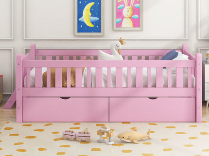 Platform Bed With Guardrail And 2 Drawers