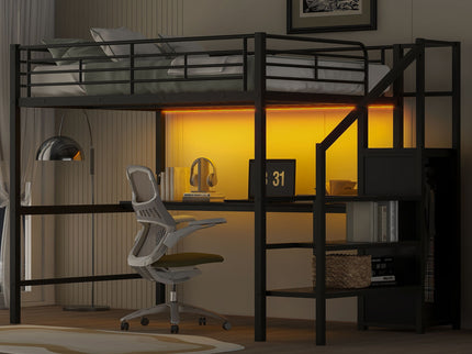 Full Size Loft Bed With Desk, Storage Staircase, Small Wardrobe And LED Light - Black