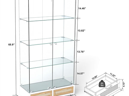 Glass Display Cabinet With LED Lights, Tempered Glass Doors, Large Drawers, 2 Door Storage Case With 4 Shelves - Natural / White