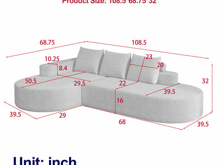 Modern Curved Sofa, L-Shaped Modular Sectional Set With 3 Pillows