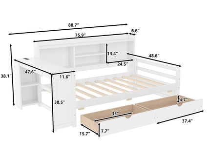 Corner Daybed With Storage Drawers, Desk, Charging Port & Bookcase