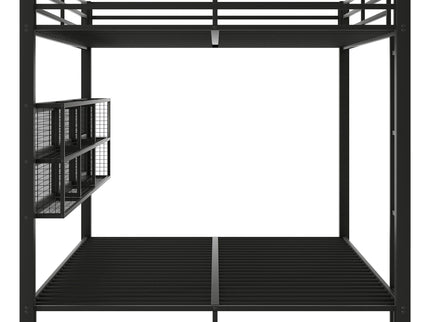 Queen Over Queen Bunk Bed With Storage Cabinets And LED Sturdy Frame, 6 Storage Units, Adjustable LED Lights - Black