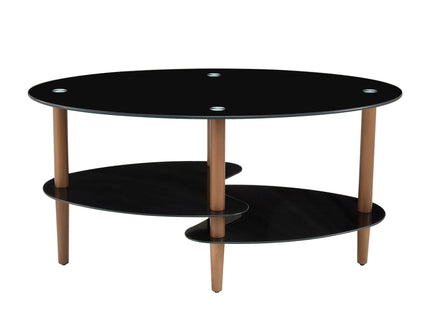 Oval Glass Coffee Table, Modern Table In Living Room Oak Wood Leg Tea Table 3-Layer Tempered Glass Table - Brown / Black