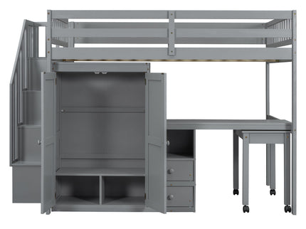 Loft Bed With Stairs, Bookshelf, Drawers, Desk & Wardrobe, Space Saving Multifunctional Furniture