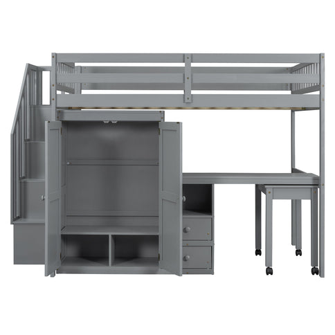 Loft Bed With Stairs, Bookshelf, Drawers, Desk & Wardrobe, Space Saving Multifunctional Furniture