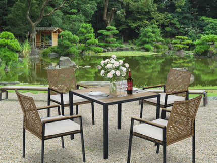 5 Piece Patio Dining Table Set, Acacia Wood Table Top With Umbrella Hole