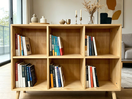 6 Cube Storage Shelf, Freestanding Open Bookcase With Legs Cubby Organizer For Living Room - Natural Wood