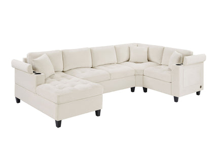 U Shaped Sectional Sofa, Corner Living Room Couch With Built In Cup Holders, Storage, USB Ports