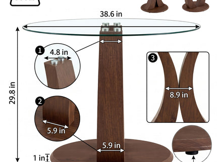 2 In 1 Round Glass Dining Table With Adjustable Curved Base, - Transparent / Walnut