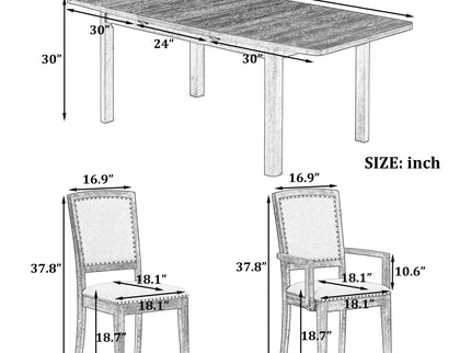 Topmax - Rustic Extendable Dining Table Set With Removable Leaf, 6 Upholstered Armless Dining Chairs And 2 Padded Arm Chairs, 9 Pieces