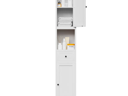 Tall Bathroom Storage Cabinet, 5-Tier Narrow With 2 Doors & Adjustable Shelves, Freestanding - White