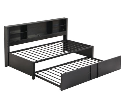 Industrial Metal Daybed With Trundle, Storage Shelves, USB Ports