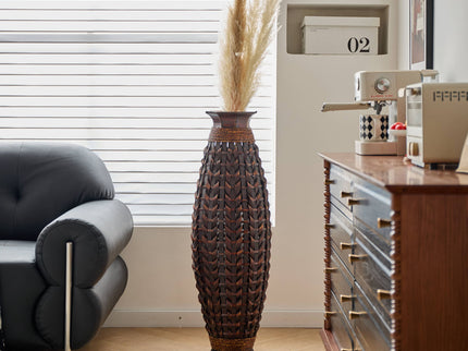 Hand Woven Bamboo Floor Vase, Decorative Accent For Living Room - Acacia Wood