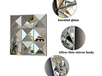 3D Beveled Wall Mirror With Frame, Large Square Design For Living Room - Silver