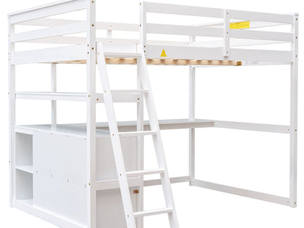 Modern Loft Bed With Built In Desk, Shelves, And 2 Drawers
