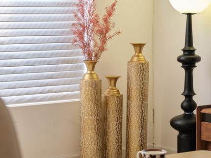 Metal Decorative Vases High Distress Metal Center Vases With Growing Vine Patterns, (Set of 3) Vases For Home Decoration - Gold