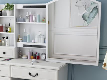 Fashion Vanity Desk With Mirror And Adjustable Lighting, 6 Drawers, 3 Color Light Modes - White