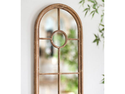 Half Round Elongated Mirror With Decorative Window Look Classic Architecture Style Solid Fir Wood Interior Decor - Brown