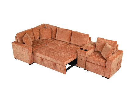 Modular L-Shaped Sectional Sofa Bed With Pull-Out Sleeper, Cup Holders, And Storage