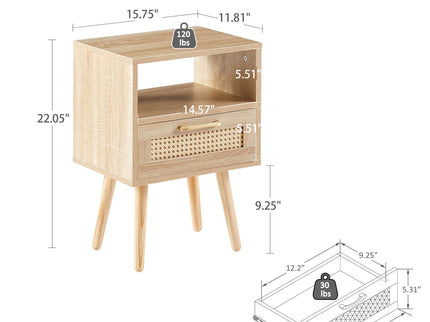 15.75" Rattan End Table With Drawer And Solid Wood Legs, Modern Nightstand, Side Table For Living Room, Bedroom