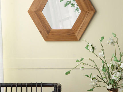Hexagon Mirror With Natural Wood Frame, Wall Decor For Living Room Bathroom Hallway
