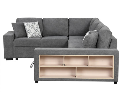 U-Shaped Sectional Sofa Pull-Out Sofa Bed With Two USB Ports, A Storage Chaise Lounge And Four Back Pillows For Living Room