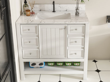 37" Bathroom Vanity, Multi Functional Cabinet With Doors And Drawers, Frame, Single Faucet Hole - White