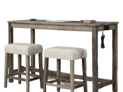 3 Piece Counter Bar Dining Set Table With Electric Outlet And 2 USB Ports, Tufted Upholstered Stools - Brown / Beige