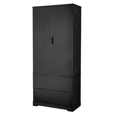 Fluted Kitchen Pantry Cabinet With 2 Large Drawers & 8 Door Spice Rack Freestanding Storage Organizer - Black