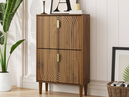 Modern Minimalist Shoe Storage Cabinet With 2 Flip Drawers And Metal Handles - Brown