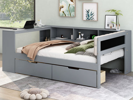 Upholstered Headboard Platform Bed With Storage Shelves, Drawers, Charging Station