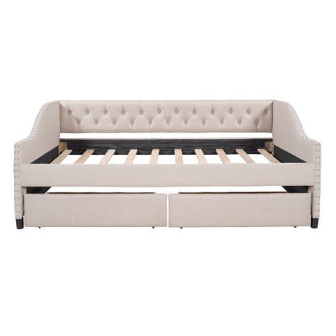 Upholstered Daybed With Two Drawers, Wood Slat Support