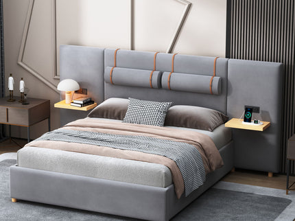 Upholstered Platform Bed, 2 Outlets And USB Charging Ports On Both Sides, 2 Bedside Pillows, Storage Shelves