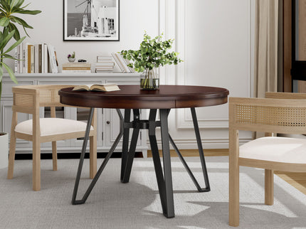 Mid Century Modern Round Dining Table With Metal Legs And Open Shelf