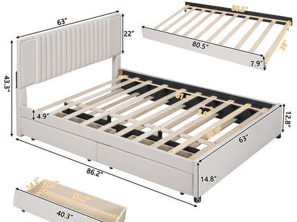 Upholstered Platform Bed With Drawers, Classic Headboard Design