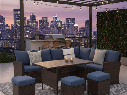7 Piece Patio Dining Set With Cushions, Modular Sectional Sofa & Storage Table