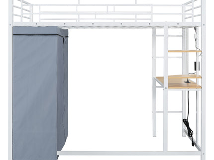 Loft Bed With Desk, Shelves, Power Outlet, LED Light And Wardrobe