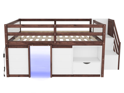Low Loft Bed Frame With Built In Stairs, Storage Drawer, Shelf And 7 Color LED Light