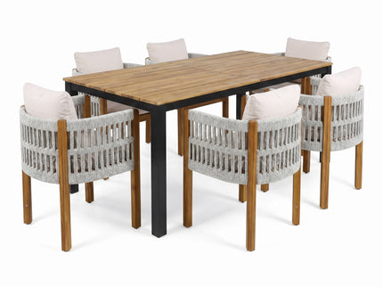 7 Piece Outdoor Dining Set With Table And Chairs - Beige / Teak / White
