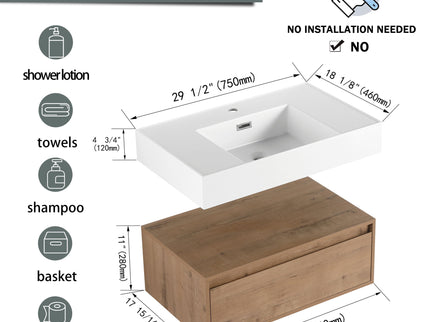 Wall Mounted Bathroom Vanity With Resin Sink And Soft Close Drawer In Imitative - Imitative Oak