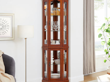 Corner Curio Cabinet With Lights, Adjustable Tempered Glass Shelves, Mirrored Back, Display Cabinet (E26 Light Bulb Not Included) - Walnut