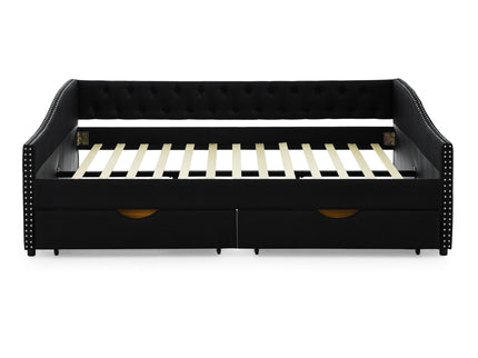 Upholstered Tufted Daybed With 2 Drawers, Waved Arms