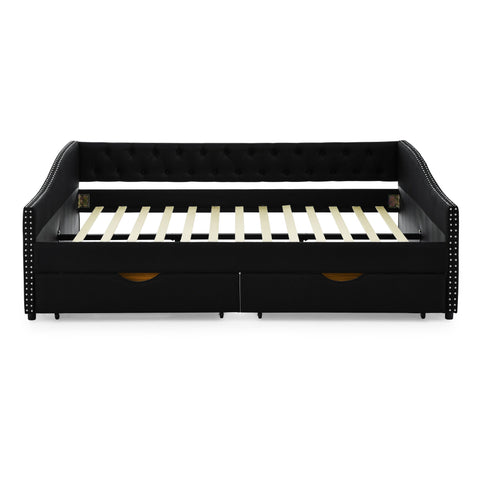 Upholstered Tufted Daybed With 2 Drawers, Waved Arms
