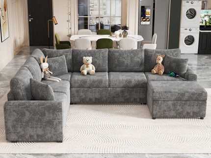 Sectional Sofa Pull-Out Sofa Bed Sleeper With A Storage Ottoman, Three Pillows And Charging Devices For Living Room