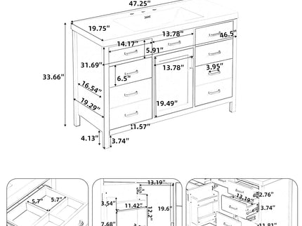 47.25" Modern Bathroom Vanity With Sink, Soft Close Single Door & 6 Drawers - White