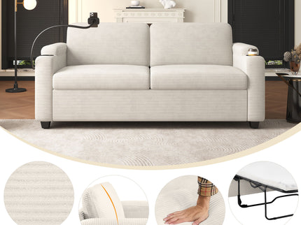 Sleeper Sofa Loveseat Sofa With Full Size Mattress, 2 USB Ports, 2 Cup Holders, 2 Side Pockets And Phone Holder