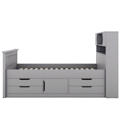 Captain Platform Bed Frame With Storage Bookcases, Shelves, And 4 Drawers