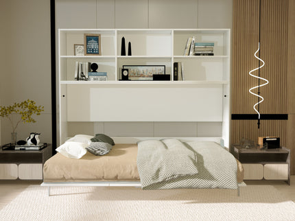 Mordern Design Twin Size Horizontal Murphy Bed With Shelf Storage For Bedroom Or Guestroom Wall Bed Space Saving Hidden Bed With New Style Gas Struts - White