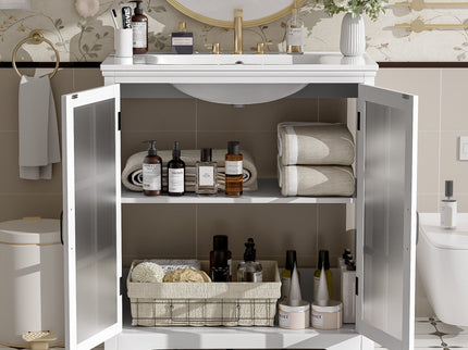 Modern Bathroom Vanity With Ceramic Sink, Tempered Blurred Glass Doors