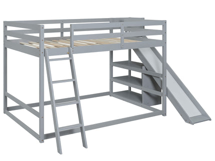 Bunk Bed With Ladder, Slide, And Shelves Pine Wood